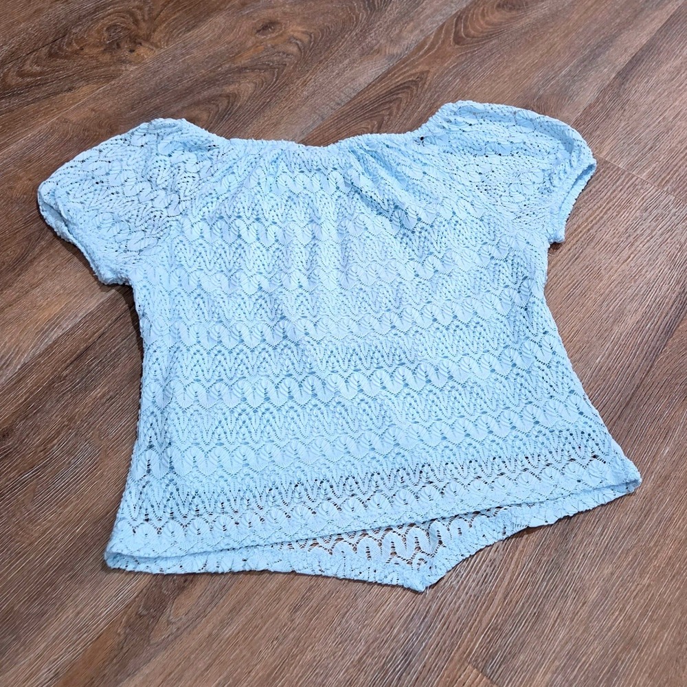 IZ Byer Girl Light Blue Lace Short Sleeve Bow Peplum Top Size L 14 NWT - Picture 4 of 4